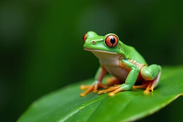 Naklejka premium Close-up of white lipped tree frog sitting on green leaf in natural habitat, tropical, amphibian
