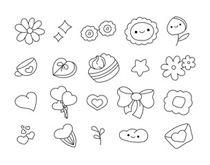 Cute decorative cartoon design elements with hearts, flowers, stars, cakes, bows, balloons, gifts, envelopes, clouds, sparkles and icons