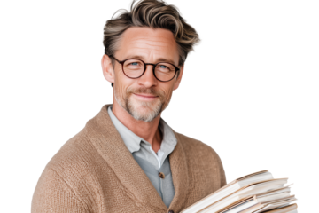 Lächelnder älterer Mann mit Brille und Aktenstapel PNG mit transparentem Hintergrund

