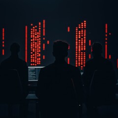 Silhouettes of Programmers in a Dark Room with Red Digital Data Streams