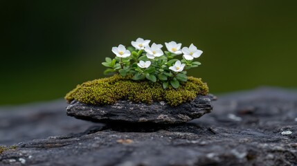 Delicate White Flowers Growing on Mossy Rock in Natural Setting