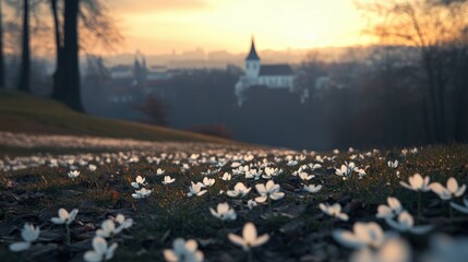 Beautiful sunset scene with white flowers in foreground and church backdrop