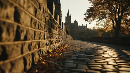 Cobblestone Pathway Next to Historic Architecture in Autumn Light