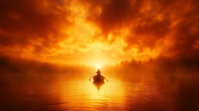 Fiery sunrise, lone boatman on a misty lake