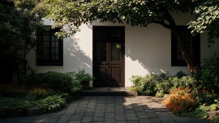 Serene Garden Pathway Leading to Elegant Doorway Surrounded by Greenery