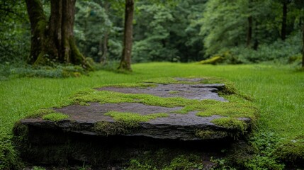Moss-Covered Stone Pathway in Lush Green Forest Setting