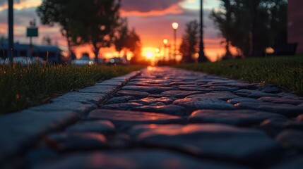 Serene Sunset Pathway with Cobblestones and Lush Grass at Dusk