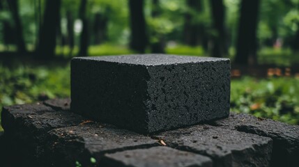 Textured Black Stone Block on Rough Surface Surrounded by Nature