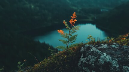 Vibrant Fern Against a Serene Lake in a Misty Mountain Landscape