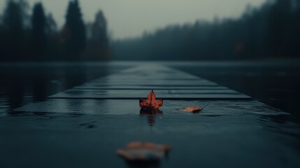 Serenity of Autumn Leaves on a Calm Lake in Misty Morning Light
