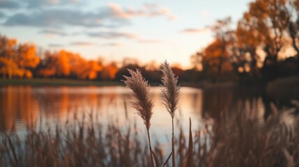 Tranquil Autumn Landscape with Reeds by a Serene Lake at Sunset