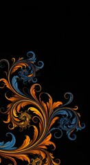 Elegant Floral Swirl Design with Gold and Blue on Black Background