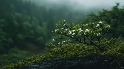 Delicate White Blossoms on a Rocky Surface in Misty Green Landscape