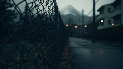 Serene Foggy Landscape with Chain Link Fence and Mountain in Background