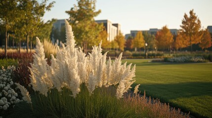 Lush Garden Landscape with Flowering Plants and Autumn Foliage