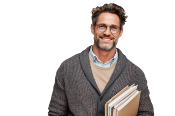 Lächelnder älterer Mann mit Brille und Aktenstapel PNG mit transparentem Hintergrund

