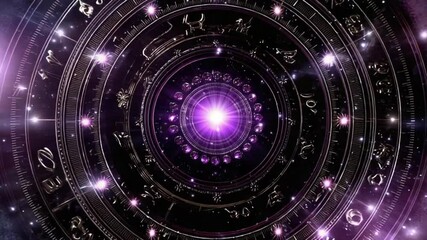 Witness a stunning zodiac wheel filled with celestial symbols surrounded by vibrant cosmic colors, showcasing the beauty of the universe and the mysteries of astrology