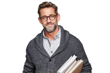 Lächelnder älterer Mann mit Brille und Aktenstapel PNG mit transparentem Hintergrund

