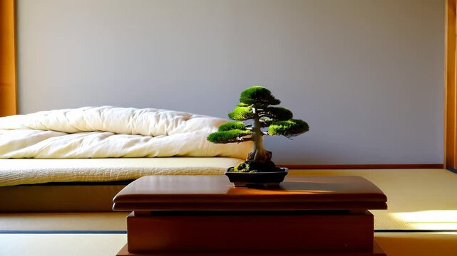 Minimalist Japanese room with futon bedding, wooden table, and bonsai tree in natural light

