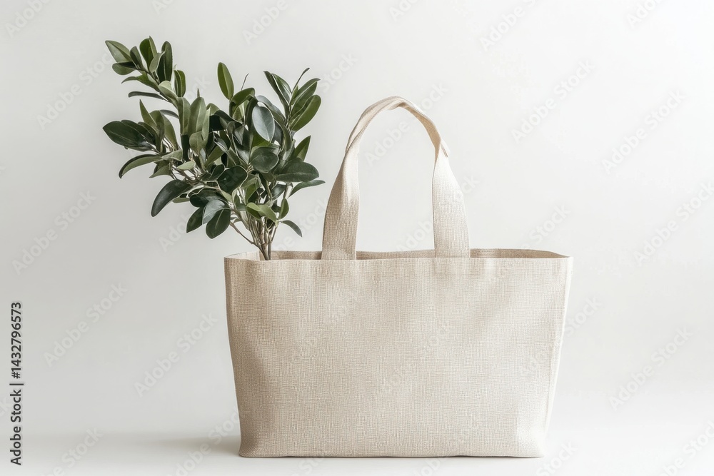 Poster a light-colored tote bag with a green leafy plant emerging from it. the bag sits against a plain bac
