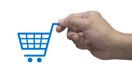 Hand holding shop cart flat icon in fingers isolated on white background, Business shopping online concept