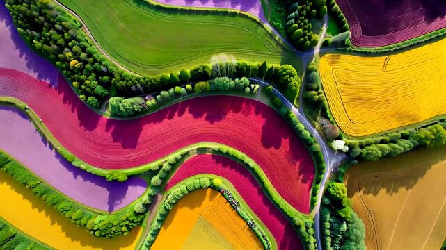 Vivid aerial view of colorful curved farmlands bordered by green trees, forming a striking patchwork landscape