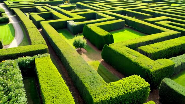 Aerial view of a well-maintained green hedge maze in a garden with sharp geometric patterns and sunny lighting