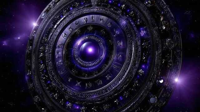 A mystical zodiac wheel reveals celestial symbols and vibrant colors, set against a cosmic backdrop. The intricate design captivates with its enchanting details and celestial energy