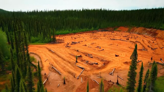 Aerial view of a clear-cut area in a dense green forest showing deforestation with scattered logs and exposed soil