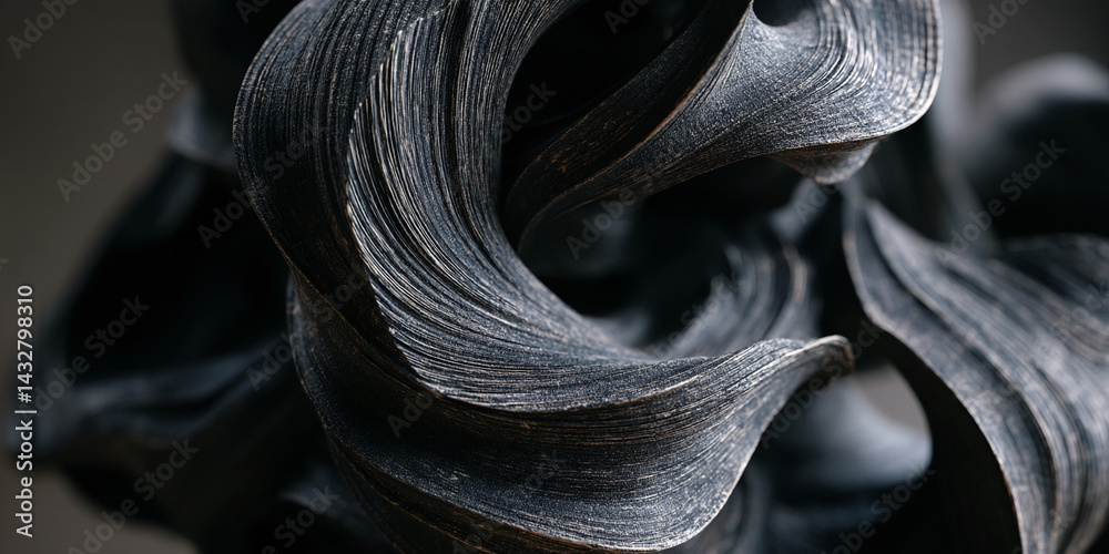 Poster Dark gray textured abstract form, swirling lines create a dynamic and elegant appearance, showcasing depth and movement, ideal for design or art concepts