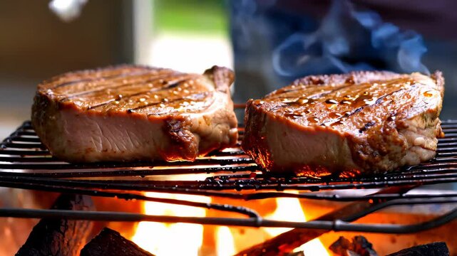 Juicy steaks grilling over open fire with flames and smoke