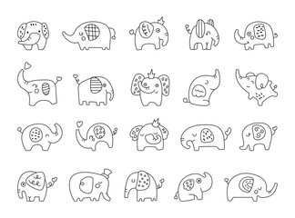 Cute baby elephants in bohemian and scandinavian style with cartoon animal characters for kids nursery design and playful decoration illustrations