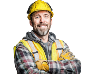 Bauarbeiter mit gelbem Helm und verschränkten Armen PNG mit transparentem Hintergrund

