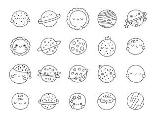 Cute cartoon planets with smiley faces and sleepy characters in bohemian and scandinavian kawaii illustration style for kids