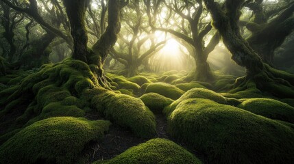 Sunlight streams through a mystical mossy forest.