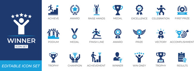 Winner icon set featuring trophies,score, contest, winner, award, leader, performance, medal,  and celebration symbols for apps, websites, and achievements.