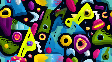seamless tiling abstract pattern with bold neon shapes in pink, blue, purple, and acid green, dynamic and playful y2k style, high-contrast digital design, futuristic and fun vibe