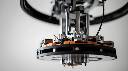 A robotic manipulator with adaptive grippers, assembling sensitive electronic devices in a bright, clean space