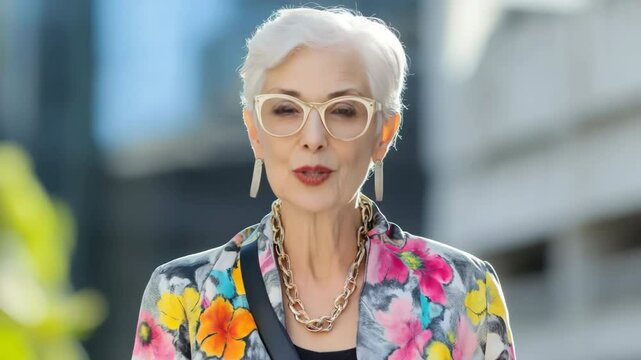 A woman wearing a colorful floral dress and glasses. She is smiling and looking at the camera. The dress is colorful and has a floral pattern