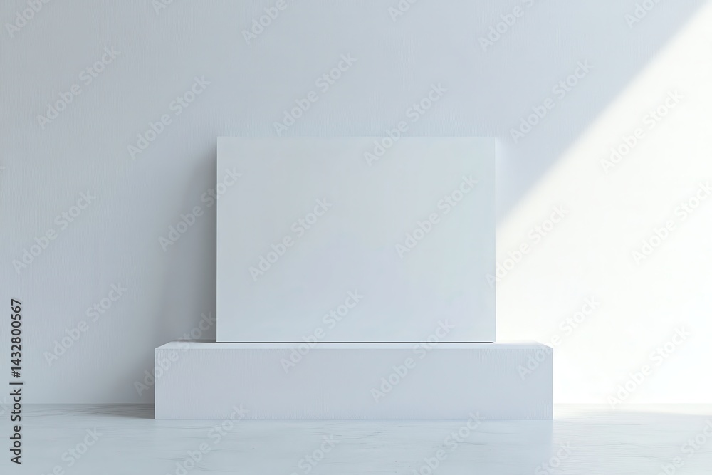 Poster minimalist white display stand against a clean white wall with gentle shadows, perfect for highlight