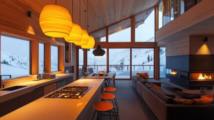 Bright, modern cabin interior featuring wood paneling, fireplace, and snowy mountain view. Ideal for showcasing luxury vacation rentals, architectural design, or cozy winter lifestyle.