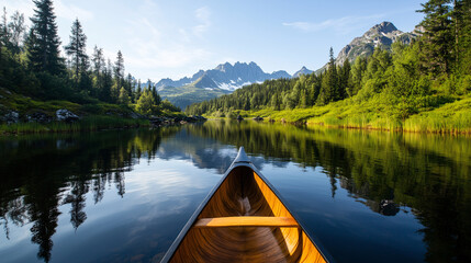 A canoe docked on the edge of a pristine lake, mountain and forest in background