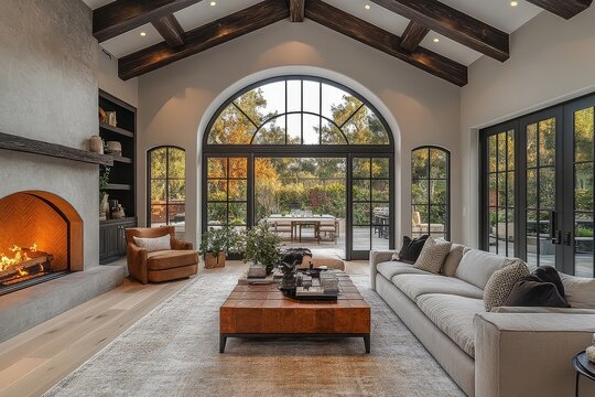  Elegant living room with high ceilings, arched window, vaulted ceiling with dark wood beams, and natural sunlight. Plush seating area, designer sofas, and modern furniture complement the space.