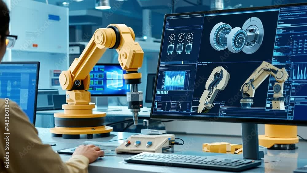 Wall mural a factory employee using a digital twin model for real-time equipment performance analysis.