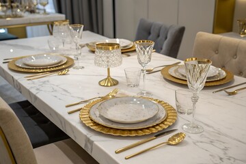 Large dining table with white marble set with gold tableware