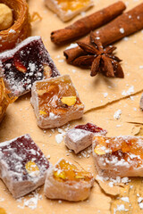 Sweet food Turkish delight on wooden background, assorted locum and candy for decorated backdrop