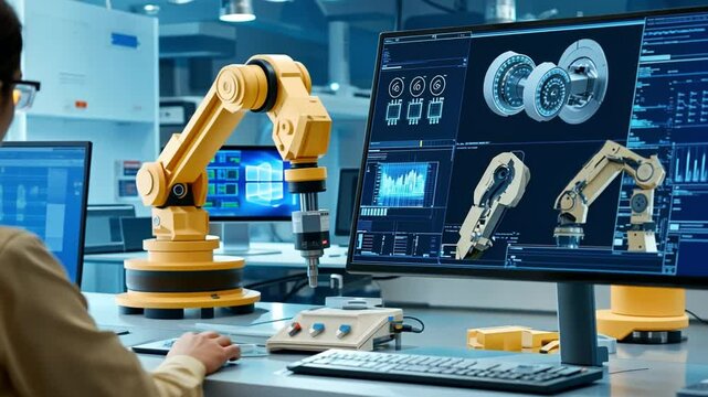 A Factory Employee Using A Digital Twin Model For Real-Time Equipment Performance Analysis.