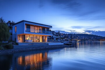 Obraz premium Modern house with flat roof sits next to lake reflecting lights. Use for real estate, architecture, luxury lifestyle, or vacation themes.