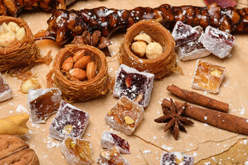 Sweet food Turkish delight on wooden background, assorted locum and candy for decorated backdrop