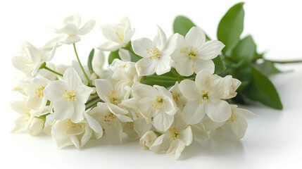 Fototapeta premium Fresh jasmine flowers with green leaves on white background. Elegant floral composition. Perfect for natural product branding, aromatherapy visuals, and botanical design.